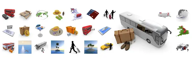 白い観光バスと荷物、ロンドンの2階建てバス、パスポート、英国や米国の地図、歩く旅行者のシルエット、リゾートの帽子やビーチなど、国内外の旅をテーマにした3Dイラストセット。商用利用可能で登録不要な無料素材です。