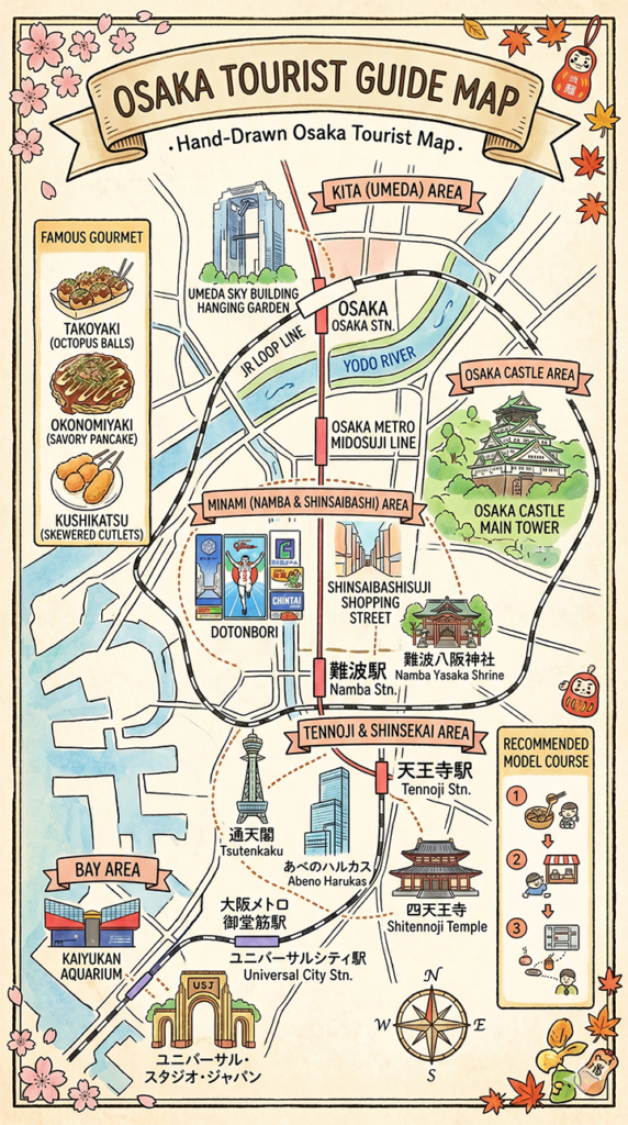 A hand-drawn, illustrated tourist map of Osaka with a warm, cute style. It features five main areas: Kita (Umeda), Minami (Namba/Shinsaibashi), Osaka Castle, Tennoji/Shinsekai, and the Bay Area. Key landmarks such as the Umeda Sky Building, Dotonbori, Tsutenkaku, and USJ are mapped out along major train lines. The left side includes illustrations of famous local foods like takoyaki, okonomiyaki, and kushikatsu.