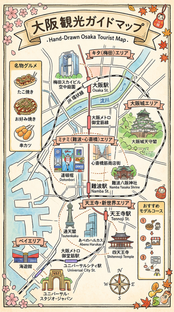 手描きの温かみのあるイラストで描かれた大阪観光ガイドマップ。キタ（梅田）、ミナミ（難波・心斎橋）、大阪城、天王寺・新世界、ベイエリアの5つのエリアに分けられ、梅田スカイビル、道頓堀、通天閣、USJなどの主要観光名所がマッピングされています。左側には「たこ焼き」「お好み焼き」「串カツ」といった大阪の名物グルメのイラストも添えられています。