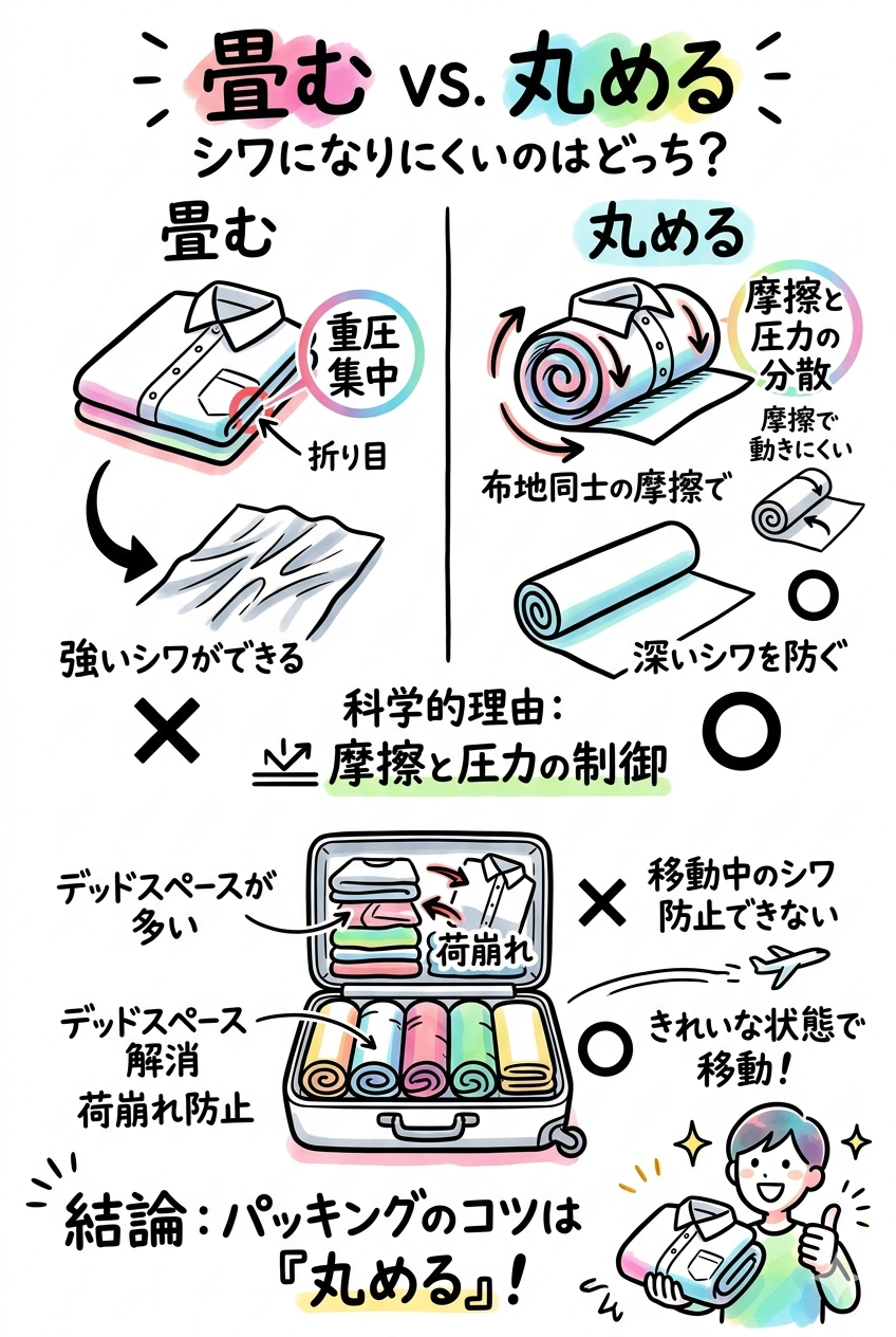 【図解】旅行のパッキング術！服は「畳む」より「丸める」がシワにならない科学的理由